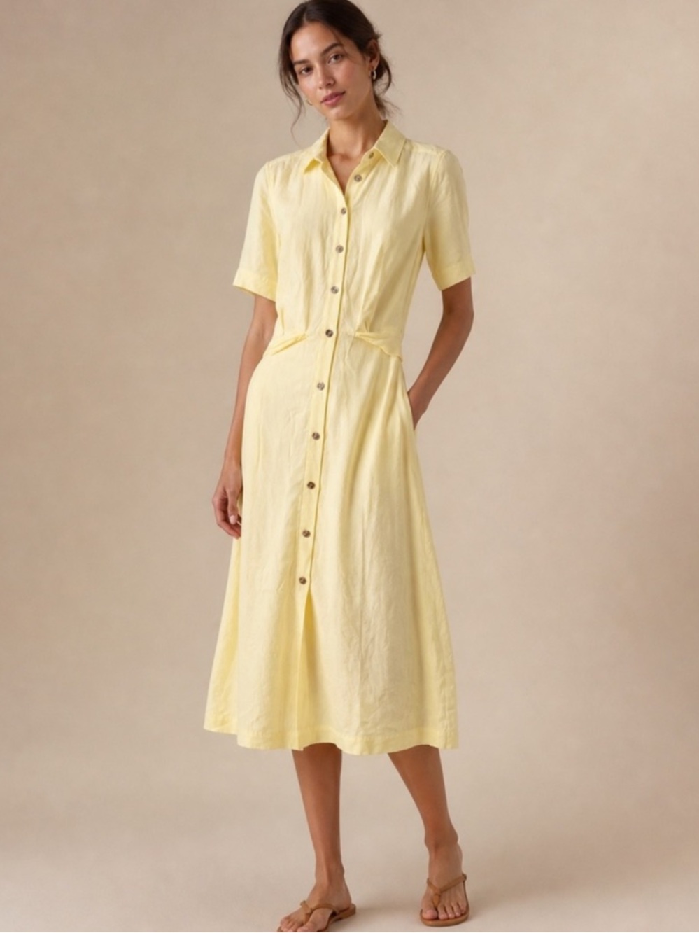 Ann Taylor Yellow Button-Front Midi Shirt Dress